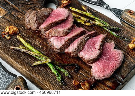 Juicy Steak Medium Rare Beef Filet Mignon Or Eye Fillet Set, With Onion And Asparagus, On Wooden Ser