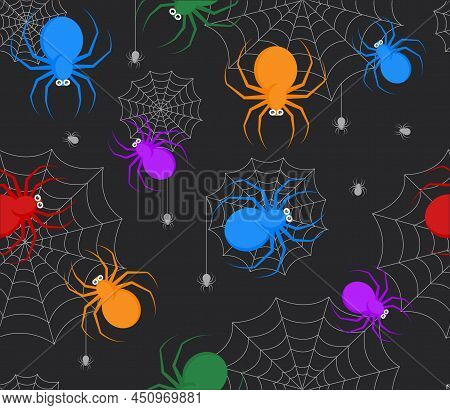 Spiders Seamless Pattern. Stylish Repeating Image For Gift Wrapping Papaer. Insects And Colorful Cha