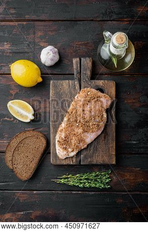 Crispy Garlicky Chicken Raw Ingredient,  On Wooden Table, Flat Lay