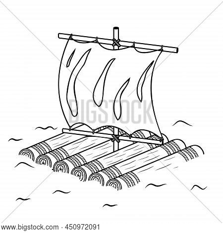 Wooden Raft With Sail, Isolated Vector Illustration Black Outline Sketch Doodle.