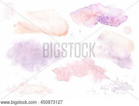 Watercolor Hand Painted Pink Blots Set. Isolated Watercolor Stains On White Background