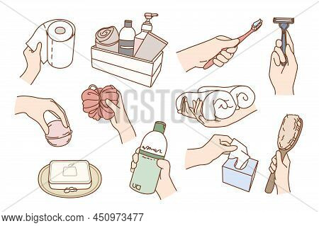 Set Of Person With Beauty Products Do Daily Body And Face Routine In Bath. Collection Of Man And Wom
