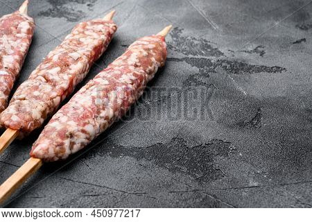 Lyulya Kebab, Meat Dish For Cooking Set, On Gray Stone Table Background, With Copy Space For Text