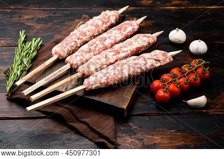 Lyulya Kebab, Meat Dish For Cooking Set, With Grill Ingredients, On Old Dark  Wooden Table Backgroun