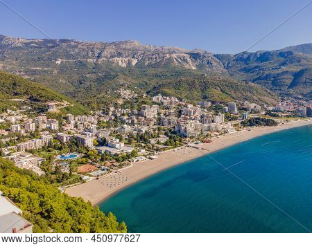 Aerophotography. View From Flying Drone. Panoramic Cityscape Of Budva, Montenegro. Top View. Beautif