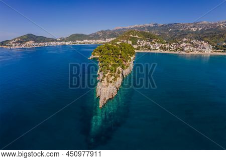 Aerophotography. View From Flying Drone. Panoramic Cityscape Of Budva, Montenegro. Top View. Beautif