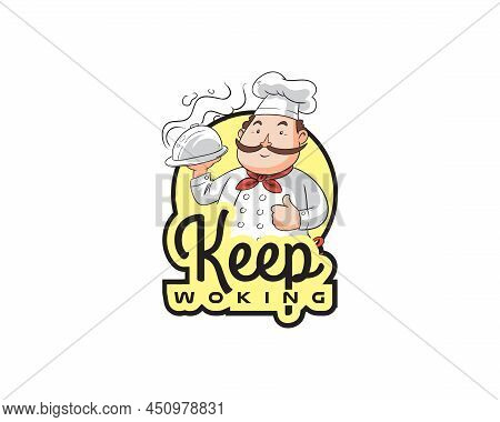 Restaurant Logo Template Vector. Waiter Icon With A Tray Of Food In Hand