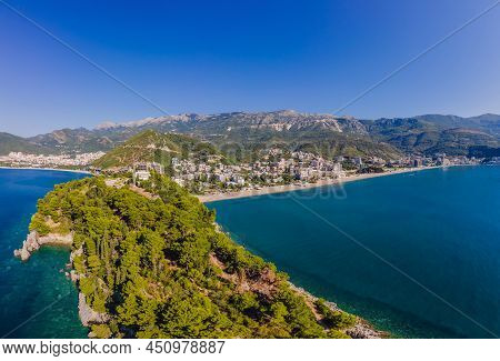 Aerophotography. View From Flying Drone. Panoramic Cityscape Of Budva, Montenegro. Top View. Beautif