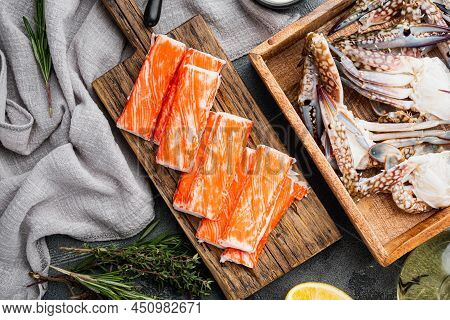 Fresh Crab Meat Stick Surimi With Blue Swimming Crab Set, On Gray Background, Top View Flat Lay