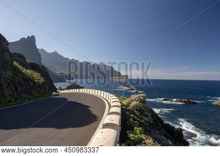 Coatal Road Near Playa Del Roque De Las Bodegas And Blue Atlantic Ocean, Anaga National Park Near Ta