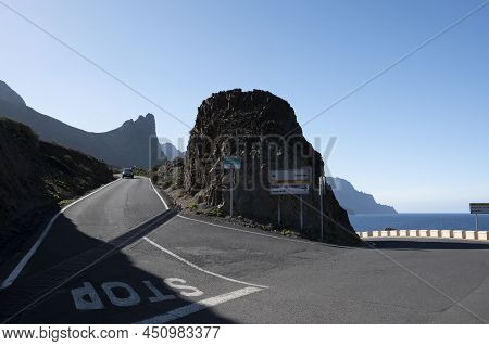 Coatal Road Near Playa Del Roque De Las Bodegas And Blue Atlantic Ocean, Anaga National Park Near Ta