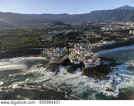 Aerial View On Colorful Houses And Top Of Mount Teide In Puerto De La Cruz, Tenerife, Canary Islands