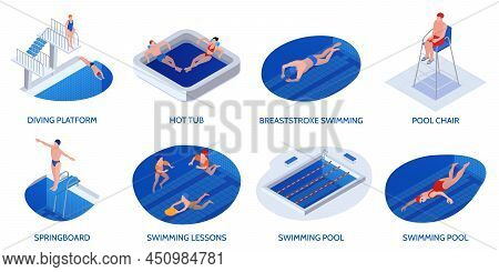 Isometric Swimming Pool Composition Set With Diving Platform Hot Tub Pool Chair Springboard Lessons 