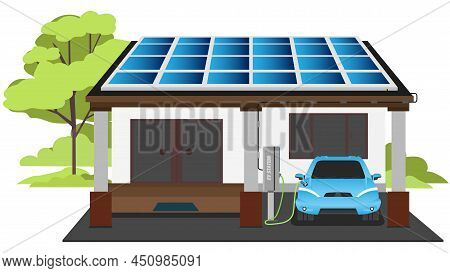 Electric Sport Car Parking Charging At Home Wall Box Charger Station. Energy Storage With Photovolta