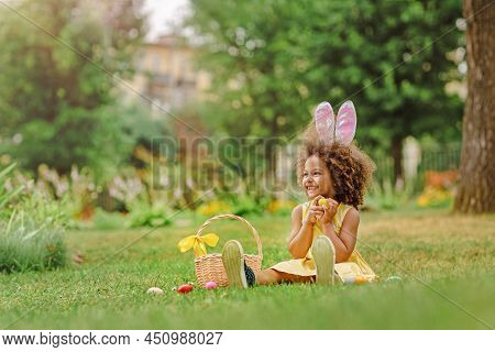 Little Black Girl Wtfring Bunny Ears Gathering Easter Eggs