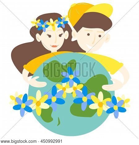 World Peace. The Guy And The Girl Hug The Earth.