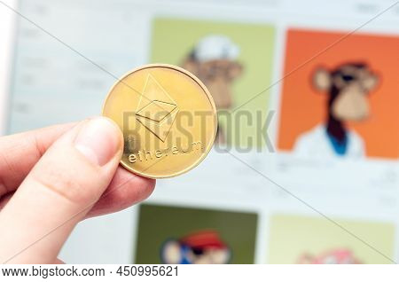 Wroclaw, Poland - Feb 10, 2022: Ethereum Coin. Investing Cryptocurrencies In Digital Collections