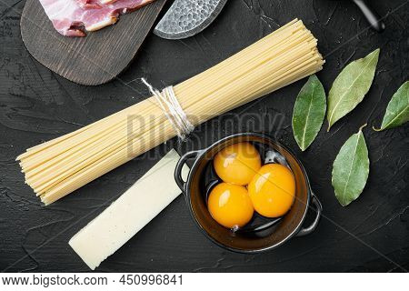 Traidtional Italian Pasta Carbonara Ingredients. Bacon, Spaghetti, Parmesan And Pecorino Cheese, Egg