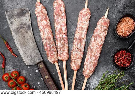Raw Lula Kebab, Lyulya-kebab Minced Meat, Shish Kebab Ready To Cook  Set, With Grill Ingredients, On
