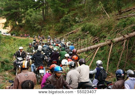 Motorbike In Traffic Jam On Mountain Pass