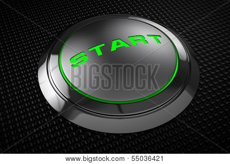 Green Led Start Button On Black Background.
