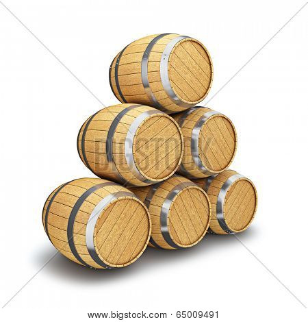 Wooden oak brandy wine storage beer barrels isolated on white background