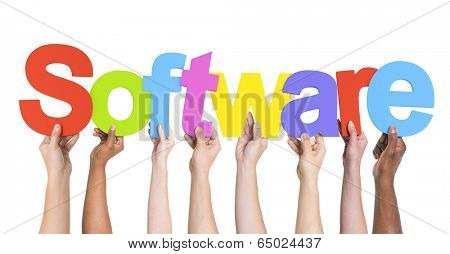 Diverse Hands Holding the Word Software