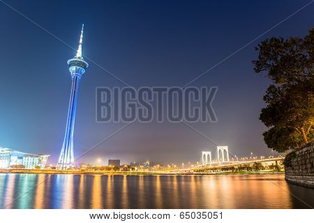 MACAU, CHINA - APRIL 5, 2014  Stunning view of Macau at night  Macau tower, the famous landmark of M