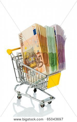 euro bank notes in a shopping cart icon photo for purchasing power, shopping, money printing and inflation