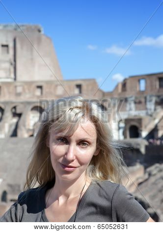 Italy. Rome. The tourist on ruins of the ancient Collosseo