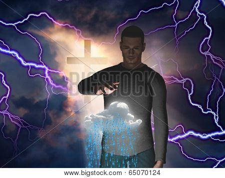 Man levitates rain cloud while storm rages behind him