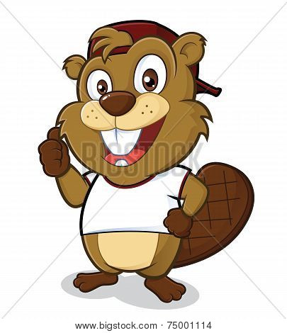 Beaver wearing a hat and a white t shirt