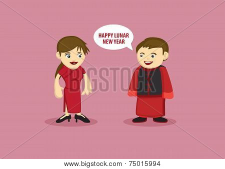Man And Woman In Traditional Chinese Costume During Lunar New Year
