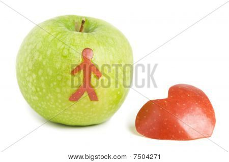 Mela verde con cuore rosso