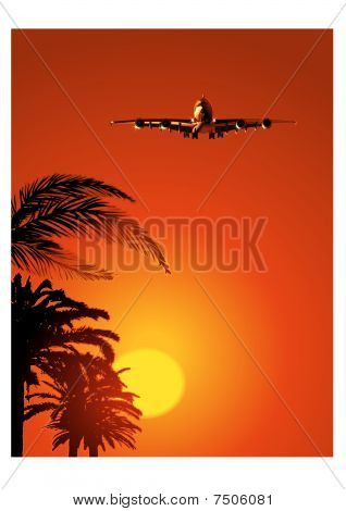 Airliner on sunset sky