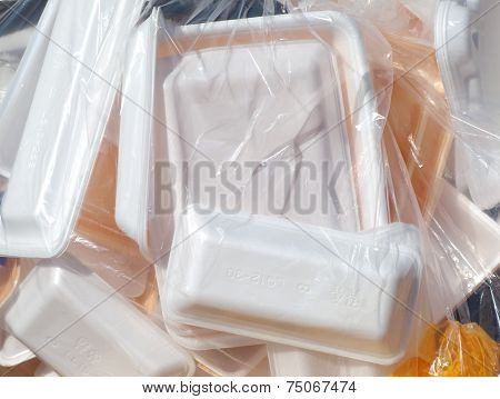 Foam food box in plastic bag ready for recycle