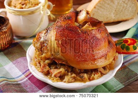 Roasted In Beer Pork Knuckle With Sauerkraut For Dinner