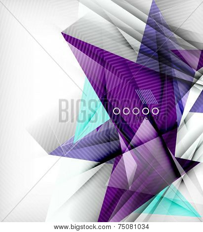 Color triangles, unusual abstract background. Realistic paper 3d composition with shadows and glossy elements, origami concept layout