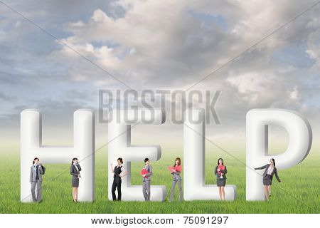 Concept of partner, friends,collaborate with group of business people stand with 3d text. 