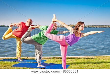 Tree people practice Yoga asana at lakeside on suny day. Yoga concept.