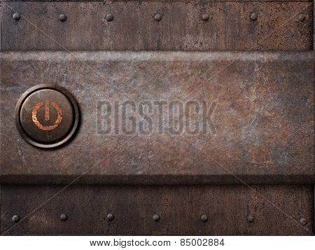 power button on rusty metal texture as steam punk background