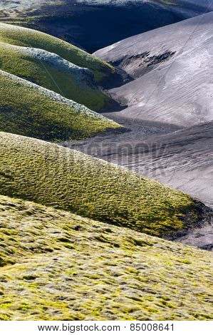 A contrasty wavy landscape of a former brook where black volcanic dunes meet green dunes covered by moss. Lakagigar volcanic area, Iceland. Sunset time