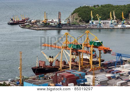 Ships At The Pier, Port Cranes On Seaport Petropavlovsk-kamchatsky. Russia, Kamchatka, Avacha Bay