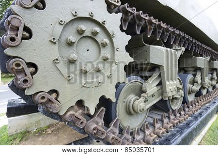 Close-up of tracks of a M4A1 Sherman tank in Overlord Museum Omaha Beach, Normandy, France.