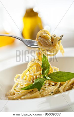 Spaghetti with Dorblu Cheese and Basil Leaf