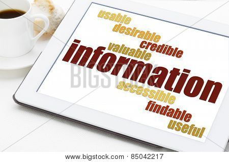 user experience concept - attributes of information important for usability and user experience on a digital tablet