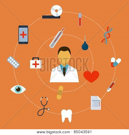 Doctor, Health, Medical Icons Flat Set Vector Illustration