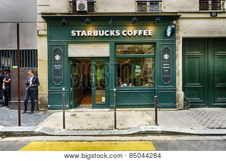 PARIS - SEPTEMBER 06: Starbucks cafe exterior on September 06, 2014 in Paris, France. Paris, aka City of Love, is a popular travel destination and a major city in Europe