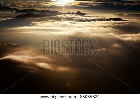 Amazing sunrise seen from Adam's Peak - sacred buddhist place. Sri Lanka