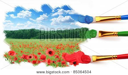 Three brushes paint a beautiful landscape with poppies.